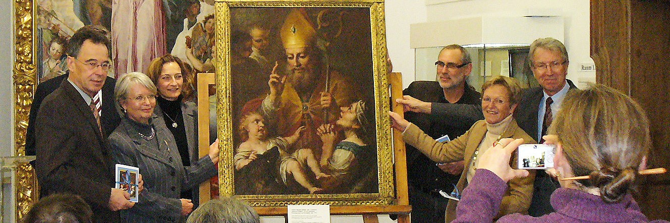 Förderer übergeben ein Gemälde von Bischof Sintpert, gemalt von Johann Baptist Baader 