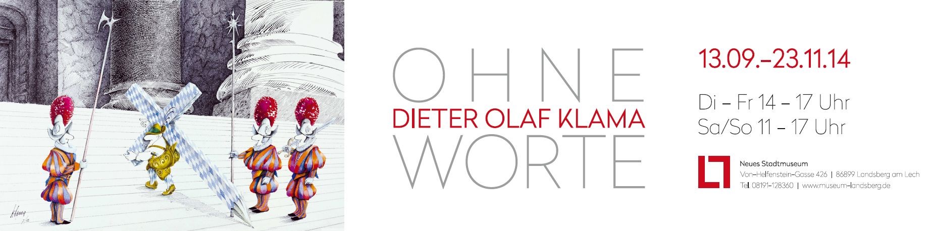 Comiczeichnung neben Titel der Ausstellung Ohne Worte Dieter Olaf Klama