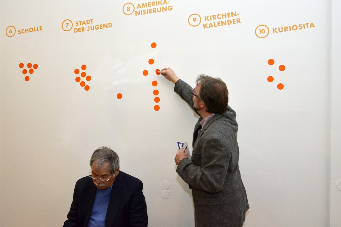 Ein Besucher klebt Punkte auf eine Wand, auf der die Ausstellungsthemen geschrieben stehen. Er stimmt über seine Favoriten ab.