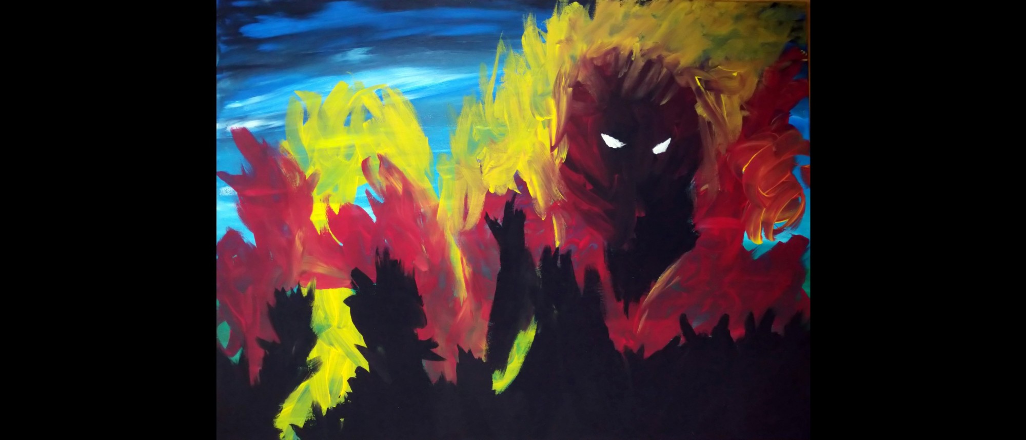 Acrylbild mit düsterer Stimmung, inmitten von rot-gelben Flammen eine schwarze Figur mit weißen Augen
