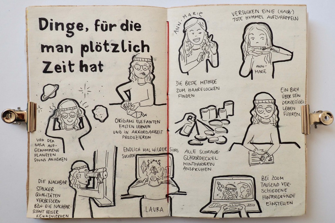 Doppelseite eines Tagebuchs mit Zeichnung von Aktivitäten, für die man plötzlich Zeit hat