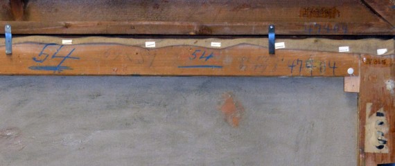 Ausschnitt einer Gemälderückseite, der Rahmen mit Nummern beschriftet.