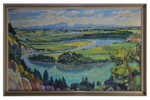 Gemälde der Lechschleife am Lorenzberg, der hellblaue Lech schlängelt sich durch Voralpenlandschaft.