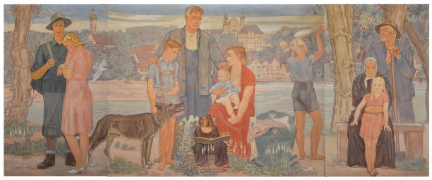 Hermann Croissants dreiteiliges Bild &quot;Lebensalter&quot; zeigt drei Personengruppen vor Lech und Landsberger Altstadtsilhuette. Link ein junges Pärchen, in der Mitte eine Familie mit vier Kindern und Hund, rechts Großeltern mit einer Enkelin.