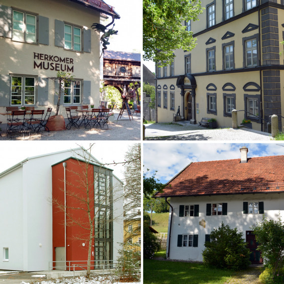 Collage aus vier Fotos der Städtischen Museen Landsberg am Lech: Herkomer Museum, Stadtmuseum, Museumsdepot und Bauernanwesen in Elllighofen