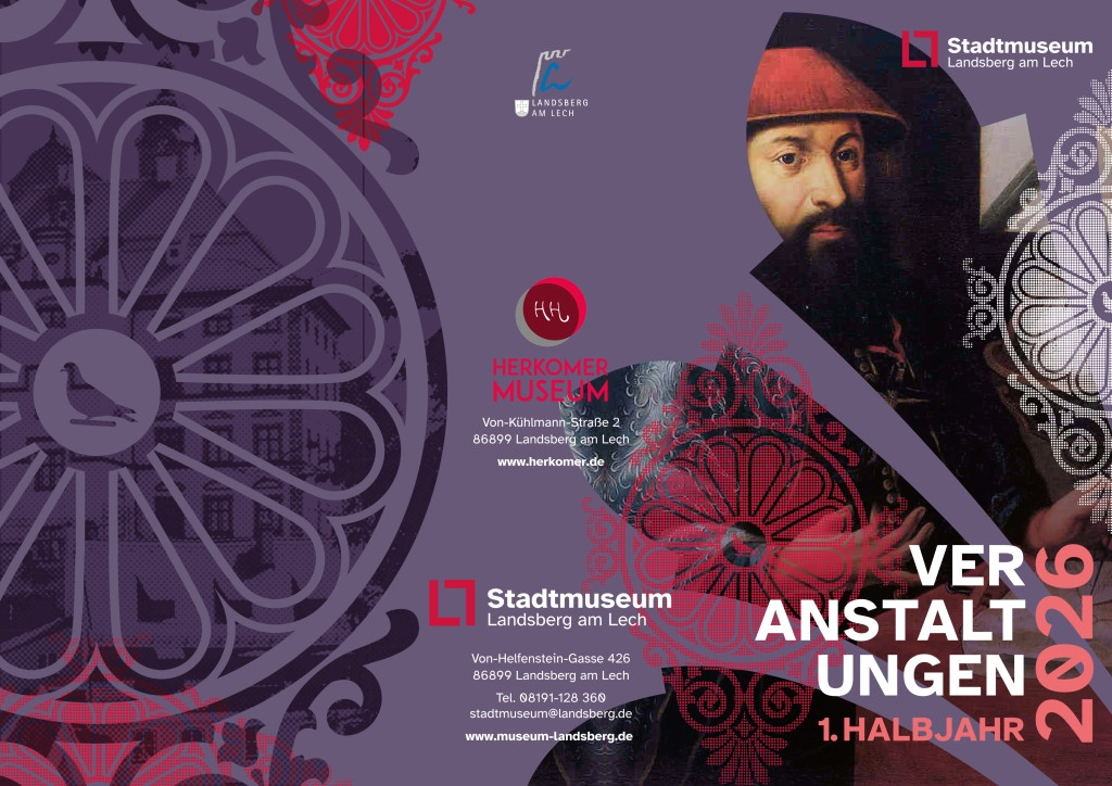 Titelbild des Flyers zum Veranstaltungsprogramm 2026 von Stadtmuseum Landsberg am Lech und Herkomer Museum, in lila und rot, verziert mit Ornamenten und einem Portr&auml;t von Ignaz K&ouml;gler